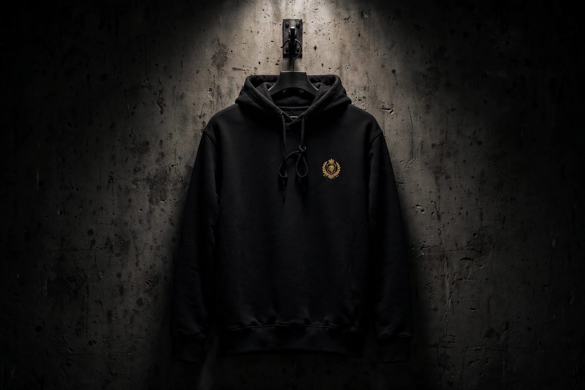 Black hoodie under a single spotlight