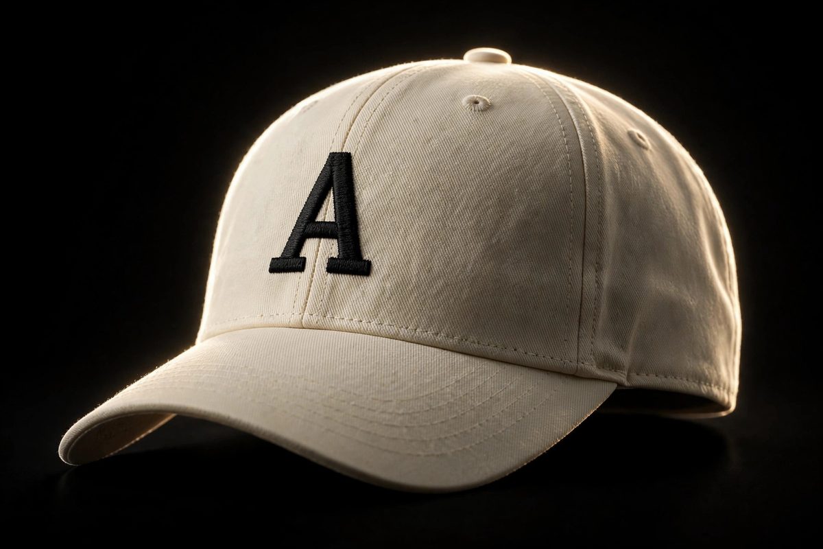 Cream fitted cap with black A