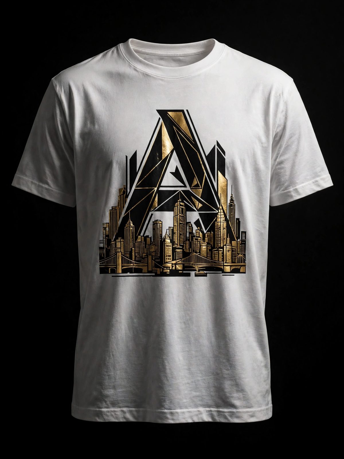 White graphic tee with black and gold design