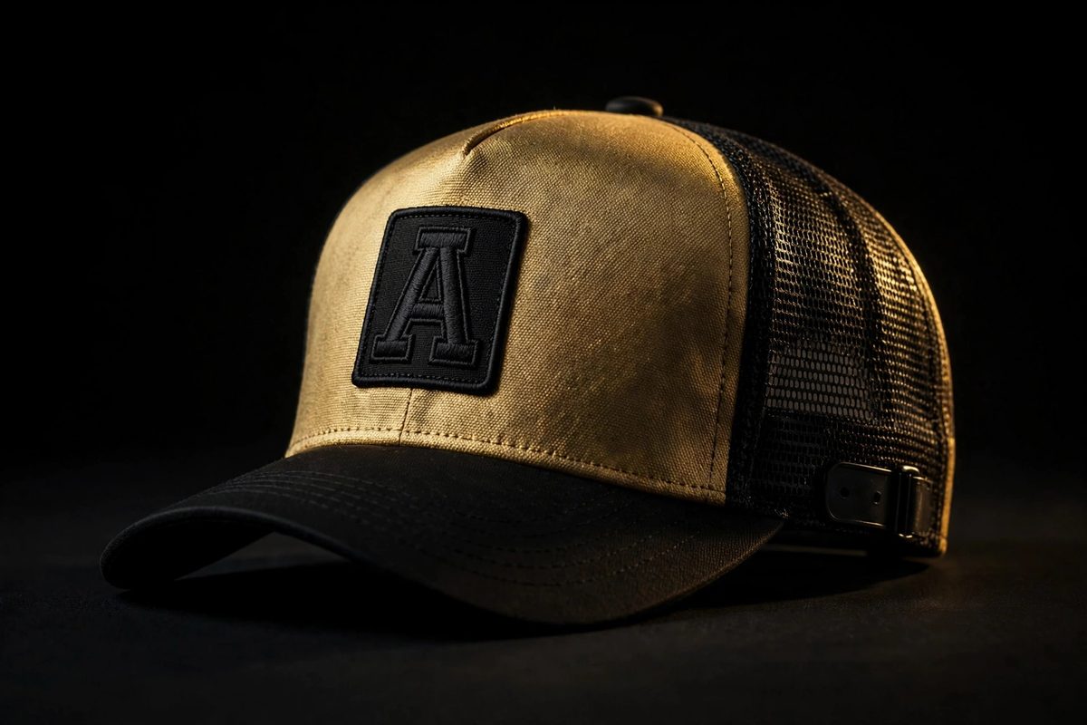 Gold and black trucker hat with A patch